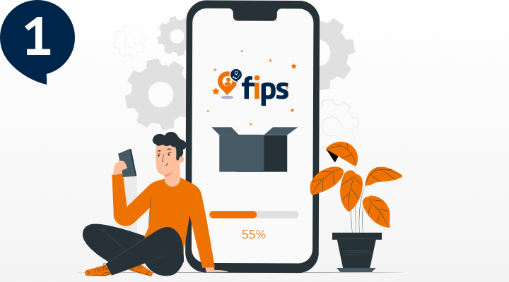 Illustration "fips-App laden", Mann sitzt vor übergroßem Handy, auf dem die fips-App zu sehen ist