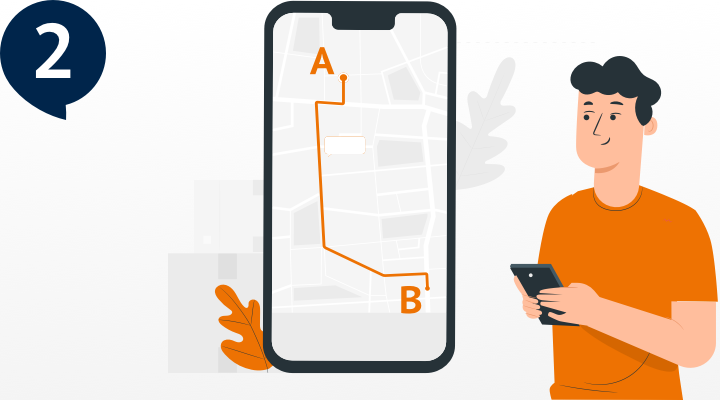 Illustration "Start und Ziel festlegen", Mann neben übergroßem Handy, auf dem eine Strecke von A nach B angezeigt wird