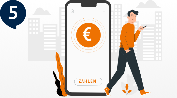 Illustration "Am Monatsende wird abgerechnet", Mann neben übergroßem Handy, auf dem ein Eurozeichen zu sehen ist