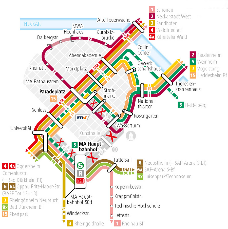 Umleitungsskizze Stadtbahnen im Innenstadtbereich Mannheim vom 14.09. bis 06.11.2026