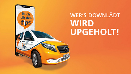 fips-Fahrzeug, das aus dem Display eines Smartphones herausfährt, daneben der Schriftzug "Wer's downlädt wird upgeholt!"
