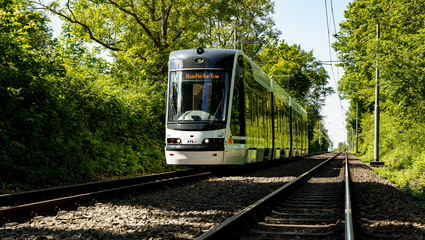 Eine Rhein‑Neckar‑Tram (RNT) von Škoda fährt auf einer Grünstrecke zwischen Bäumen unter Oberleitungen.