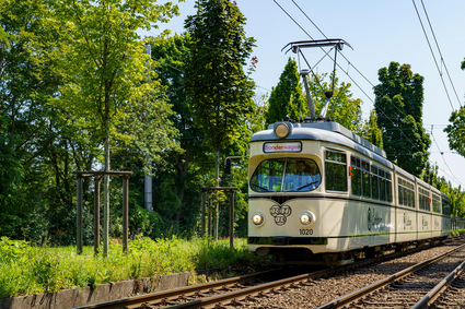 Der RHB-1020 frisch saniert und lackiert als neues rnv-Eventfahrzeug zwischen den Haltestellen Neckarplatt und Pfeifferswörth.