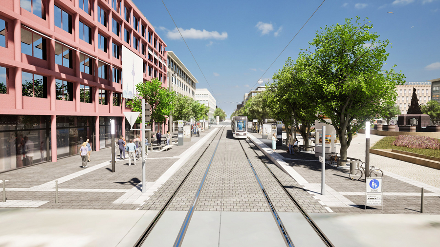 Visualisierung der barrierefrei ausgebauten Steige A und B der Haltestelle Paradeplatz in Mannheim.