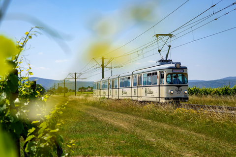 rnv-Eventfahrzeug RHB-1020 Die Event-Bahn "RHB-1020" des Typs DÜWAG auf der Strecke vor blauem Himmel mit ein paar Wölkchen.