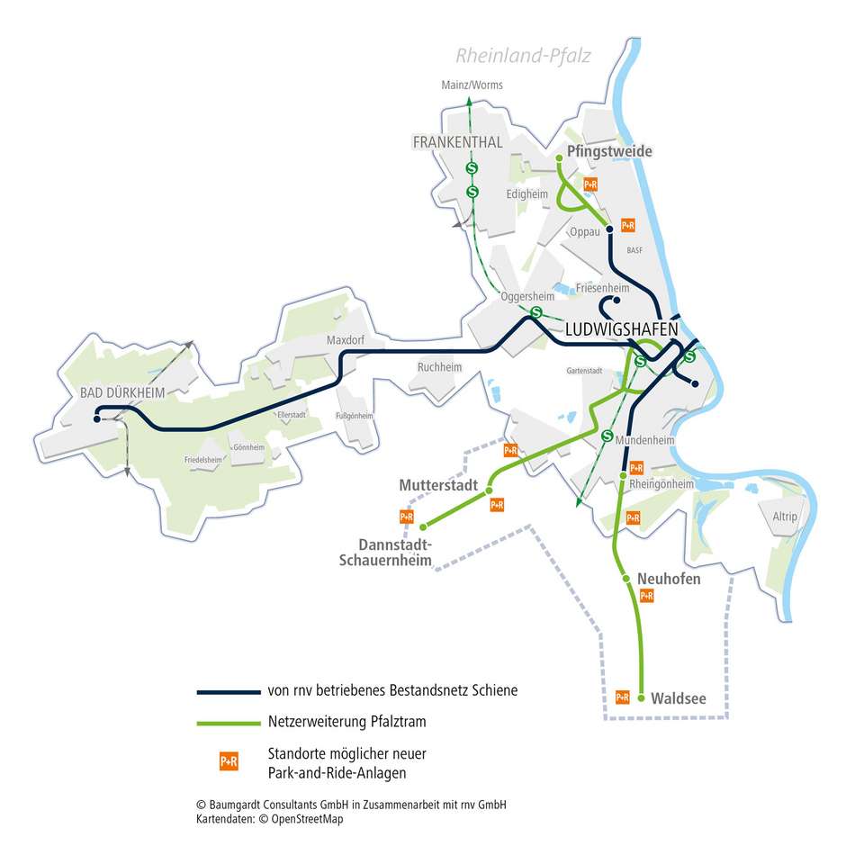 Schematische Karte des Stadtbahn-Ausbauprojekts „Pfalztram“: dargestellt ist das Gebiet westlich des Rheins rund um Ludwigshafen. In dunkelblau ist das bestehende von rnv betriebene Schienennetz eingezeichnet, unter anderem die Strecke von Ludwigshafen nach Bad Dürkheim sowie die Anbindung nach Frankenthal. Orangefarbene Linien markieren die geplanten Stadtbahn-Erweiterungen im Projekt „Pfalztram“: eine Verbindung von Ludwigshafen über Mutterstadt nach Dannstadt-Schauernheim sowie eine weitere Linie von Ludwigshafen über Neuhofen nach Waldsee und eine Anbindung nach Pfingstweide im Norden. Orangefarbene P+R-Symbole kennzeichnen mögliche neue Park-and-Ride-Standorte entlang der neuen Strecken. Wichtige Orte wie Bad Dürkheim, Frankenthal, Ludwigshafen, Mutterstadt, Dannstadt-Schauernheim, Neuhofen, Waldsee und Pfingstweide sind zur Orientierung auf der Karte beschriftet.