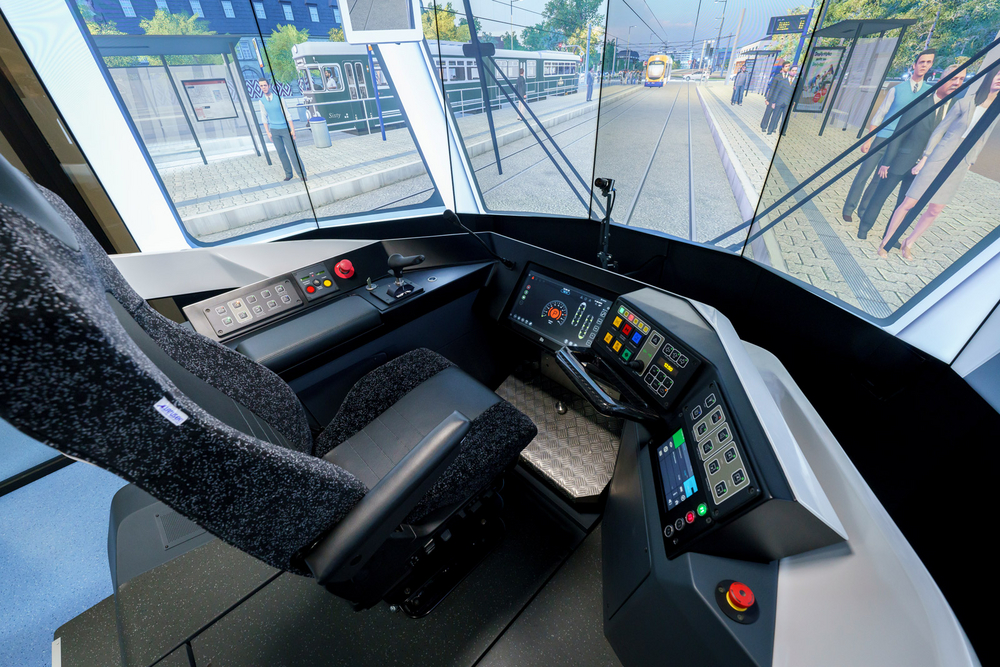 FahrSim-Fahrsimulatorsitz-im-Detail Detailansicht der Steuerkonsole im rnv Stadtbahn-Fahrsimulator, Fahrsim.