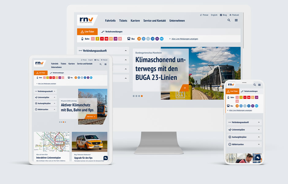 Die rnv Website auf verschiedenen Endgeräten.