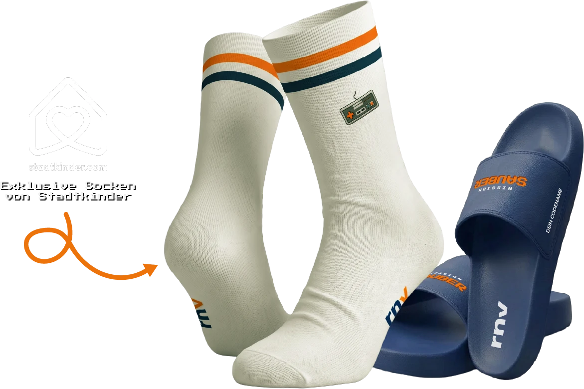rnv MISSION: SAUBER Gewinnpaket – limitierte Socken und Latschen